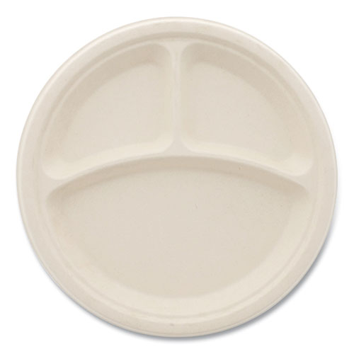 Picture of Bagasse PFAS-Free Dinnerware, Plate, 10" dia, 3-Compartment, Tan, 500/Carton