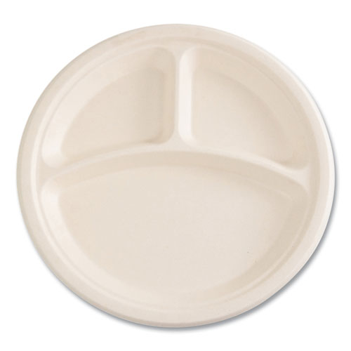 Picture of Bagasse PFAS-Free Dinnerware, 3-Compartment Plate, 10" dia, Tan, 500/Carton