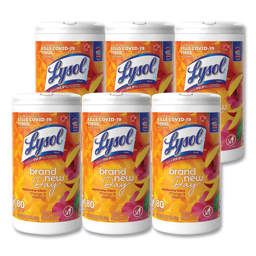 Picture of Disinfecting Wipes, 1-Ply, 7 x 7.25, Mango and Hibiscus, White, 80 Wipes/Canister, 6 Canisters/Carton