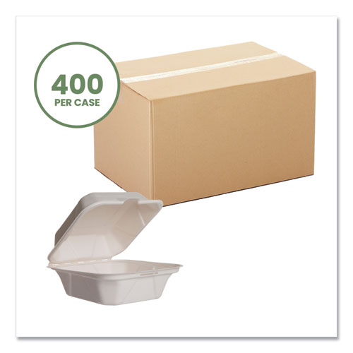 Picture of White Molded Fiber Clamshell Containers, Compostable, 5.9 x 5.9 x 2.9, White, Sugarcane, 400/Carton