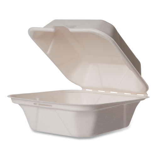 Picture of White Molded Fiber Clamshell Containers, 5.9 x 5.9 x 2.9, White, Sugarcane, 400/Carton