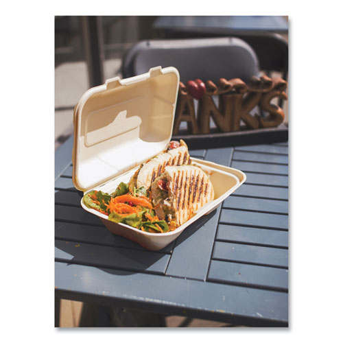 Picture of Nourish Molded Fiber Takeout Containers, Compostable, 6.1 x 9 x 2.9, Natural, Sugarcane, 200/Carton