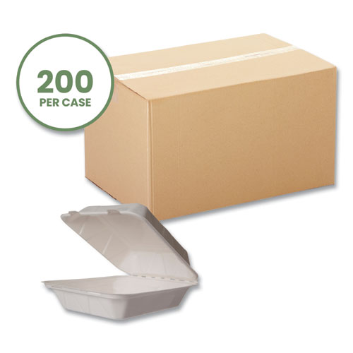 Picture of White Molded Fiber Clamshell Container, Compostable, 7.9 x 7.9 x 2.9, White, Sugarcane, 200/Carton