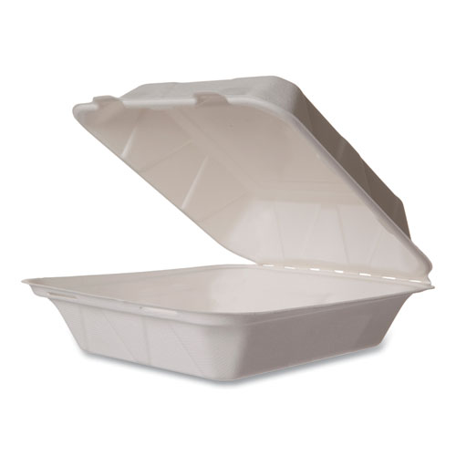 Picture of White Molded Fiber Clamshell Container, 7.9 x 7.9 x 2.9, White, Sugarcane, 200/Carton