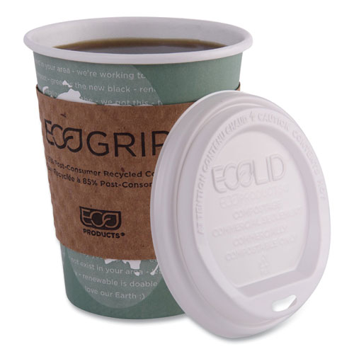 Picture of EcoLid Renewable/Compostable Hot Cup Lid, PLA, Fits 10 oz to 20 oz Hot Cups, 50/Pack, 16 Packs/Carton