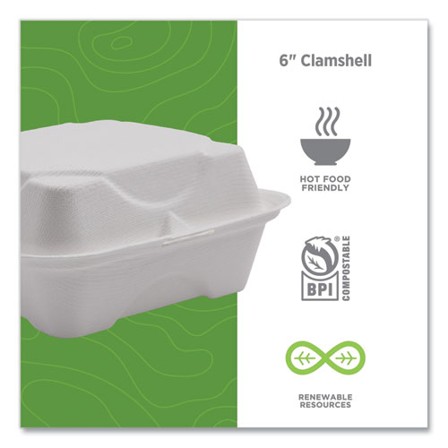 Picture of Vanguard Renewable and Compostable Sugarcane Clamshells, 6 x 6 x 3, White, 500/Carton