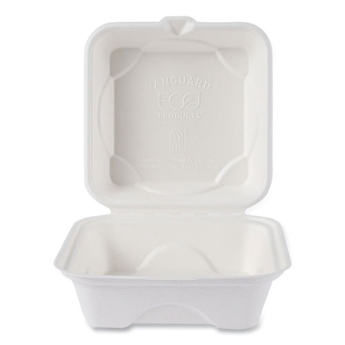 Picture of Vanguard Renewable and Compostable Sugarcane Clamshells, 6 x 6 x 3, White, 500/Carton