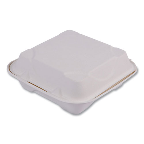 Picture of Vanguard Renewable and Compostable Sugarcane Clamshells, 1-Compartment, 8 x 8 x 3, White, 200/Carton