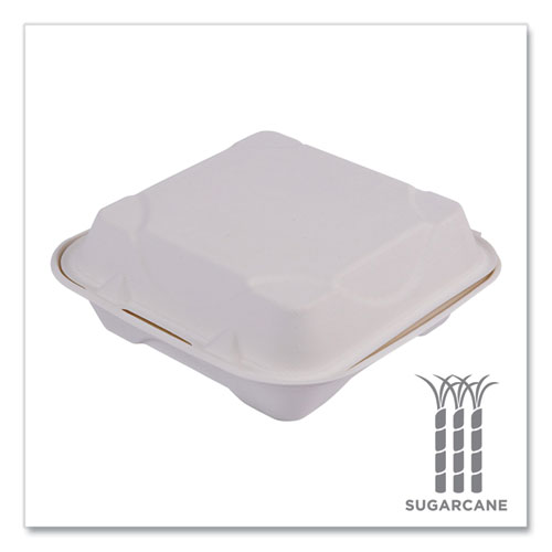 Picture of Vanguard Renewable and Compostable Sugarcane Clamshells, 1-Compartment, 8 x 8 x 3, White, 200/Carton