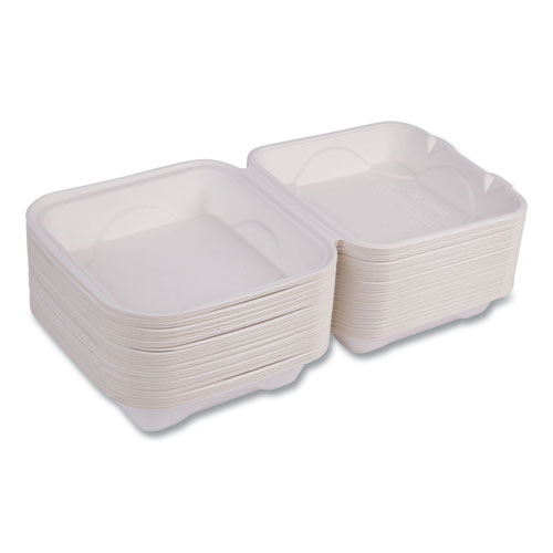 Picture of Vanguard Renewable and Compostable Sugarcane Clamshells, 1-Compartment, 8 x 8 x 3, White, 200/Carton