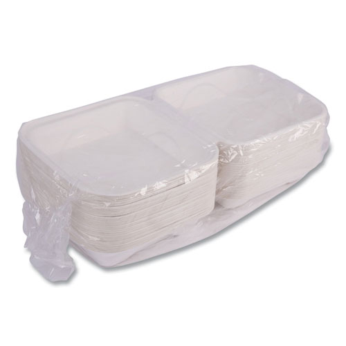 Picture of Vanguard Renewable and Compostable Sugarcane Clamshells, 1-Compartment, 8 x 8 x 3, White, 200/Carton