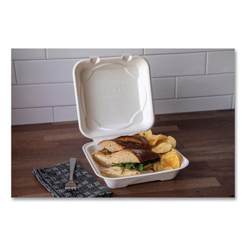 Picture of Vanguard Renewable and Compostable Sugarcane Clamshells, 1-Compartment, 8 x 8 x 3, White, 200/Carton