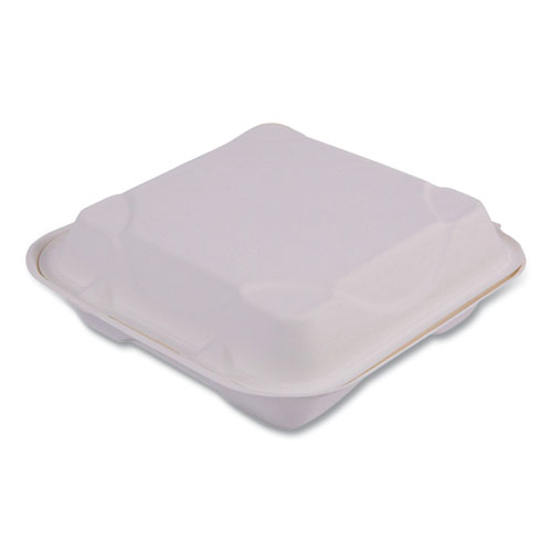 Bagasse+Hinged+Clamshell+Containers%2C+9+x+9+x+3%2C+White%2C+Sugarcane%2C+50%2FPack%2C+4+Packs%2FCarton