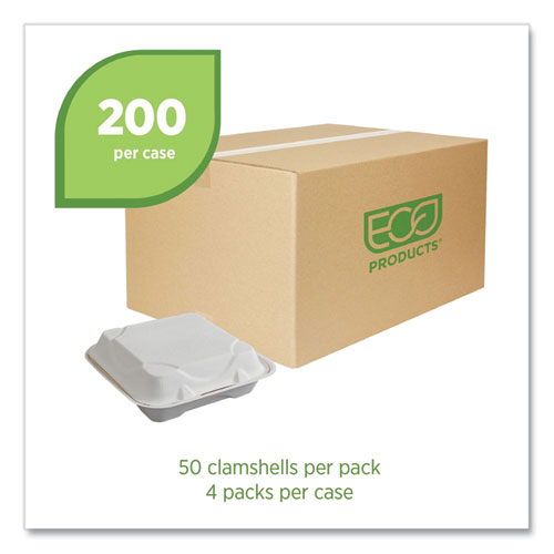 Picture of Vanguard Renewable and Compostable Sugarcane Clamshells, 1-Compartment, 9 x 9 x 3, White, 200/Carton