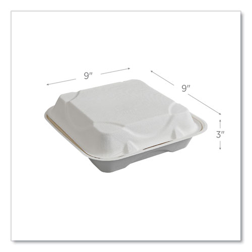 Picture of Vanguard Renewable and Compostable Sugarcane Clamshells, 1-Compartment, 9 x 9 x 3, White, 200/Carton