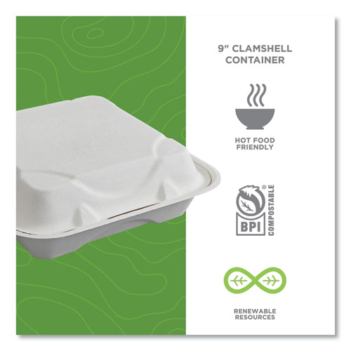 Picture of Vanguard Renewable and Compostable Sugarcane Clamshells, 1-Compartment, 9 x 9 x 3, White, 200/Carton