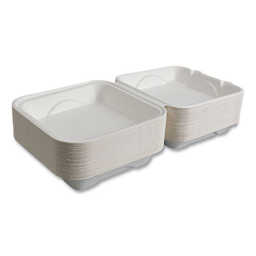 Picture of Vanguard Renewable and Compostable Sugarcane Clamshells, 1-Compartment, 9 x 9 x 3, White, 200/Carton