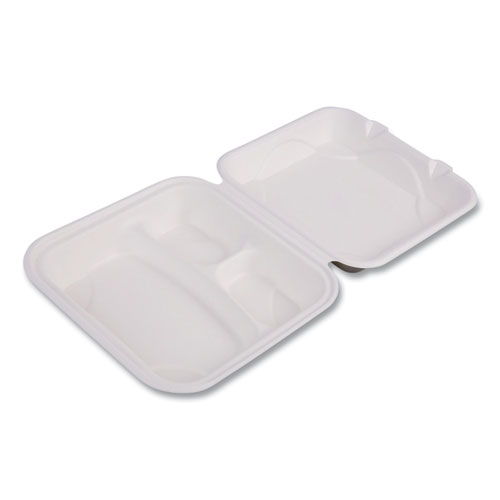 Picture of Bagasse Hinged Clamshell Containers, 3-Compartment, 9 x 9 x 3, White, Sugarcane, 50/Pack, 4 Packs/Carton