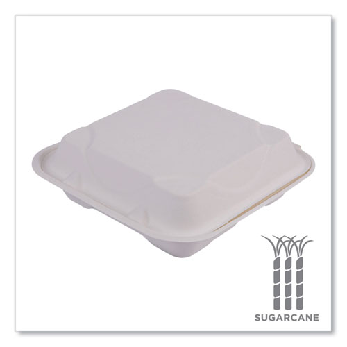 Picture of Bagasse Hinged Clamshell Containers, 3-Compartment, 9 x 9 x 3, White, Sugarcane, 50/Pack, 4 Packs/Carton