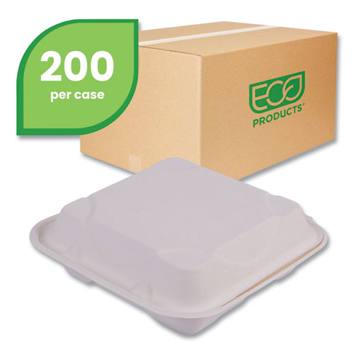 Picture of Vanguard Renewable and Compostable Sugarcane Clamshells, 3-Compartment, 9 x 9 x 3, White, 200/Carton