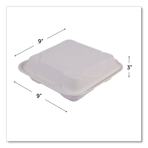 Picture of Vanguard Renewable and Compostable Sugarcane Clamshells, 3-Compartment, 9 x 9 x 3, White, 200/Carton