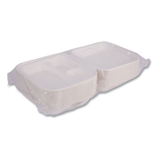 Picture of Vanguard Renewable and Compostable Sugarcane Clamshells, 3-Compartment, 9 x 9 x 3, White, 200/Carton