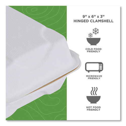 Picture of Vanguard Renewable and Compostable Sugarcane Clamshells, 1-Compartment, 9 x 6 x 3, White, 250/Carton