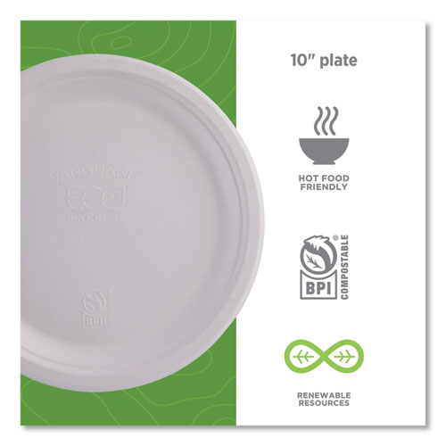 Picture of Vanguard Renewable and Compostable Sugarcane Plates, 10" dia, White, 500/Carton