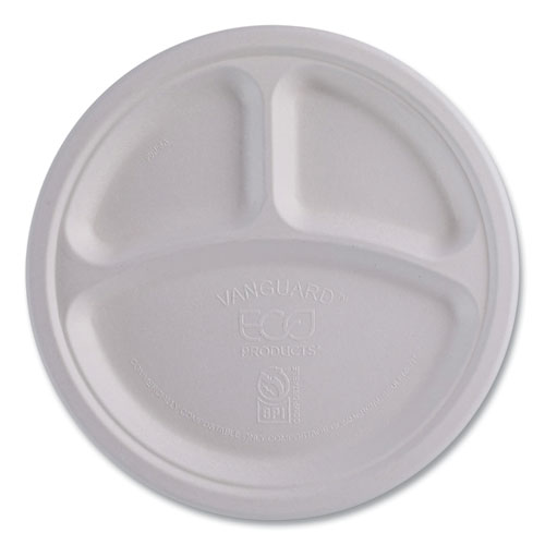 Picture of Vanguard Renewable and Compostable Sugarcane Plates, 3-Compartment Plate, 10" dia, White, 500/Carton