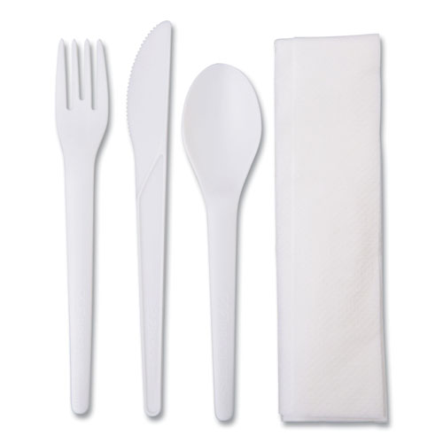 Picture of Plantware Compostable Cutlery Kit, Knife/Fork/Spoon/Napkin, 6", Pearl White, 250 Kits/Carton