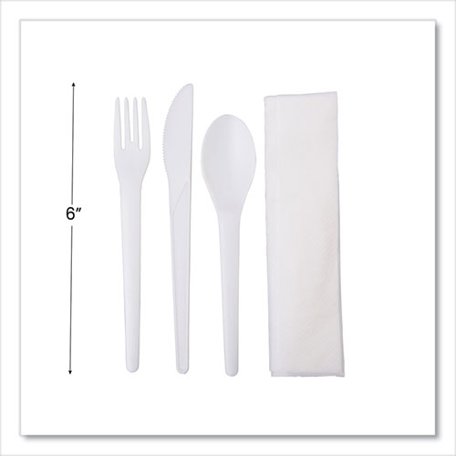 Picture of Plantware Compostable Cutlery Kit, Knife/Fork/Spoon/Napkin, 6", Pearl White, 250 Kits/Carton