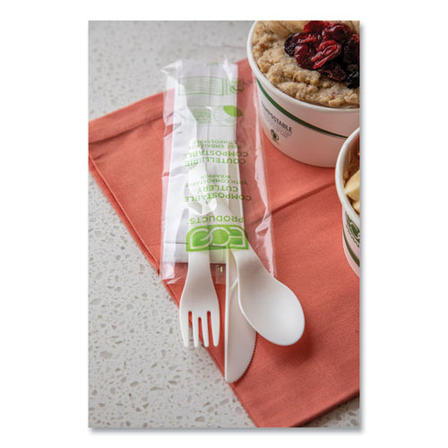 Picture of Plantware Compostable Cutlery Kit, Knife/Fork/Spoon/Napkin, 6", Pearl White, 250 Kits/Carton