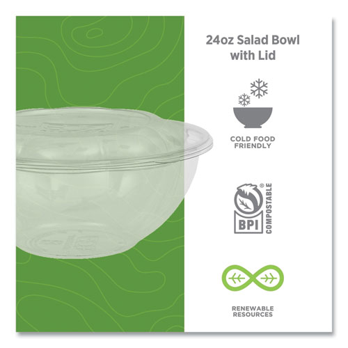 Picture of Renewable and Compostable Salad Bowls with Lids, 24 oz, Clear, Plastic, 50/Pack, 3 Packs/Carton
