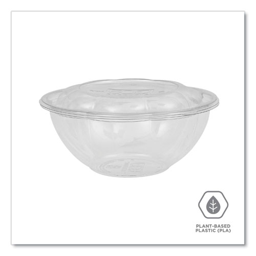 Picture of Renewable and Compostable Salad Bowls with Lids, 24 oz, Clear, Plastic, 50/Pack, 3 Packs/Carton