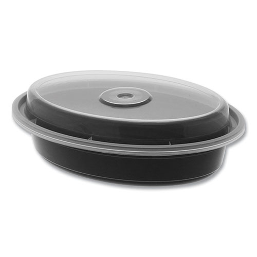 Picture of Newspring VERSAtainer Microwavable Containers, Oval, 12 oz, 6.8 x 4.8 x 1.45, Black/Clear, Plastic, 150/Carton