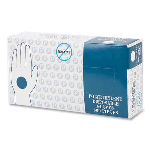 Picture of Embossed Polyethylene Disposable Gloves, Large, Powder-Free, Clear, 500/Box, 4 Boxes/Carton