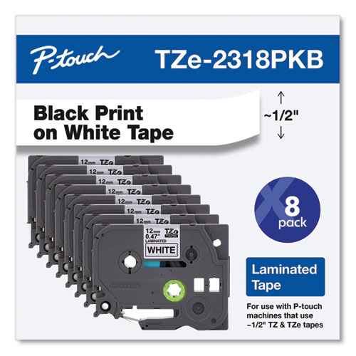 Picture of TZe Series Standard Adhesive Laminated Labeling Tape, 0.5", Black on White, 8/Pack