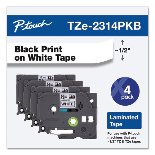 Picture of TZe Series Standard Adhesive Laminated Labeling Tape, 0.5", Black on White, 4/Pack