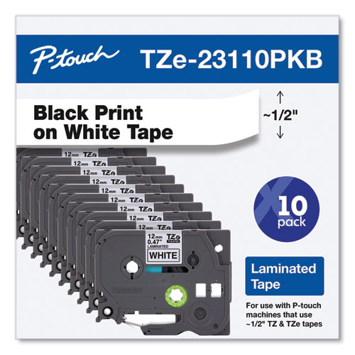 Picture of TZe Series Standard Adhesive Laminated Labeling Tape, 0.5", Black on White, 10/Pack