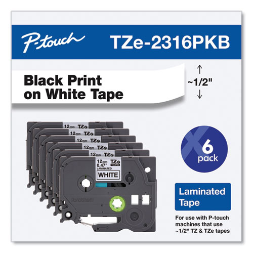 Picture of TZe Series Standard Adhesive Laminated Labeling Tape, 0.5", Black on White, 6/Pack