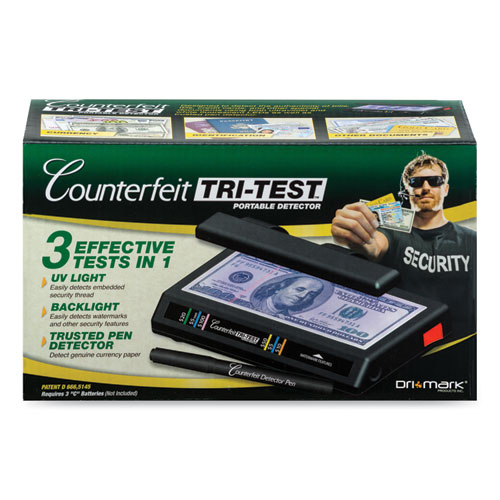 Picture of Tri Test Counterfeit Bill Detector with Pen, U.S.; Canadian; Mexican; EU; UK; Chinese Currencies, 7 x 4 x 2.5, Black