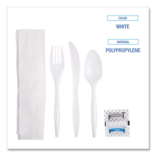 Picture of Cutlery Kit, Plastic Fork/Spoon/Knife/Salt/Polypropylene/Napkin, White, 250/Carton
