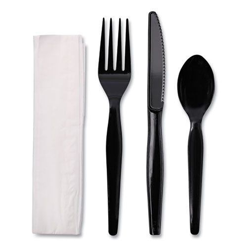 Picture of Four-Piece Cutlery Kit, Fork/Knife/Napkin/Teaspoon, Heavyweight, Black, 250/Carton