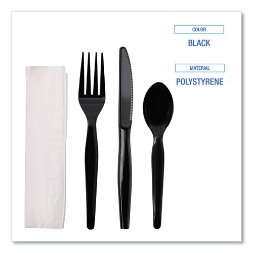 Picture of Four-Piece Cutlery Kit, Fork/Knife/Napkin/Teaspoon, Heavyweight, Black, 250/Carton