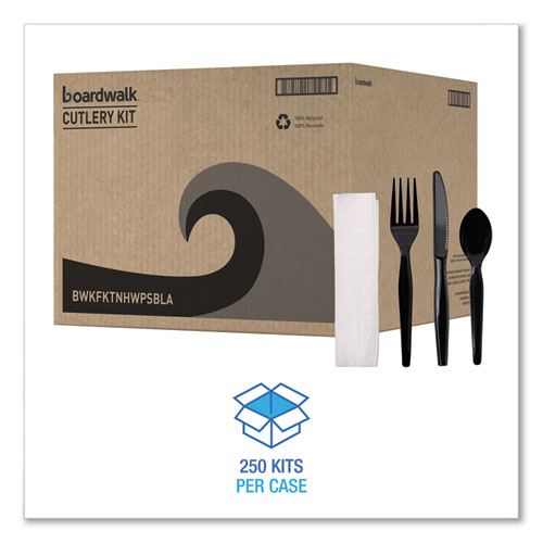 Picture of Four-Piece Cutlery Kit, Fork/Knife/Napkin/Teaspoon, Heavyweight, Black, 250/Carton