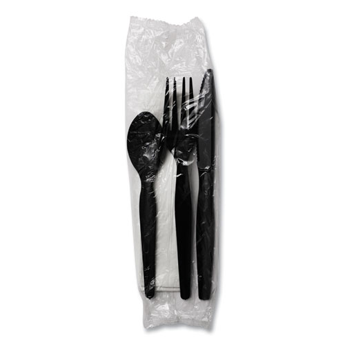 Picture of Four-Piece Cutlery Kit, Fork/Knife/Napkin/Teaspoon, Heavyweight, Black, 250/Carton