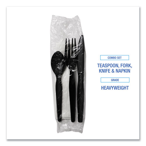 Picture of Four-Piece Cutlery Kit, Fork/Knife/Napkin/Teaspoon, Heavyweight, Black, 250/Carton