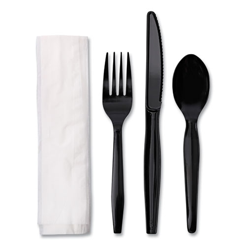 Picture of Four-Piece Cutlery Kit, Fork/Knife/Napkin/Teaspoon, Black, 250/Carton