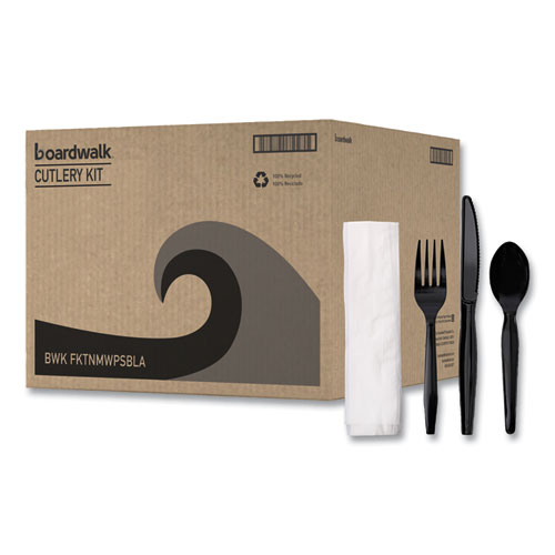 Picture of Four-Piece Cutlery Kit, Fork/Knife/Napkin/Teaspoon, Black, 250/Carton