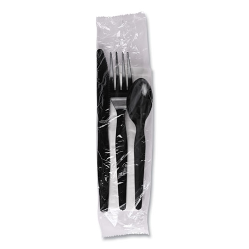 Picture of Four-Piece Cutlery Kit, Fork/Knife/Napkin/Teaspoon, Black, 250/Carton